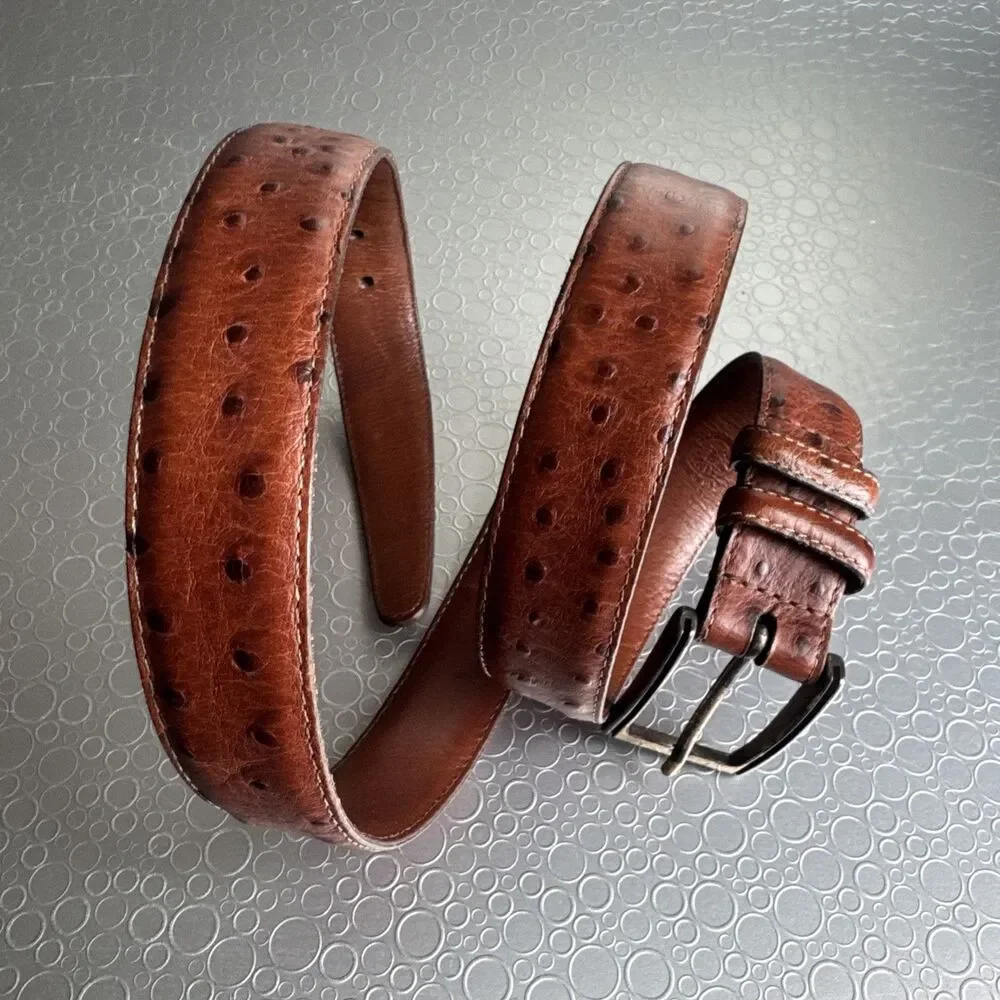 Vintage Trafalgar Cognac Brown Belt 36 Ostrich Embossed Italian Calfskin Leather